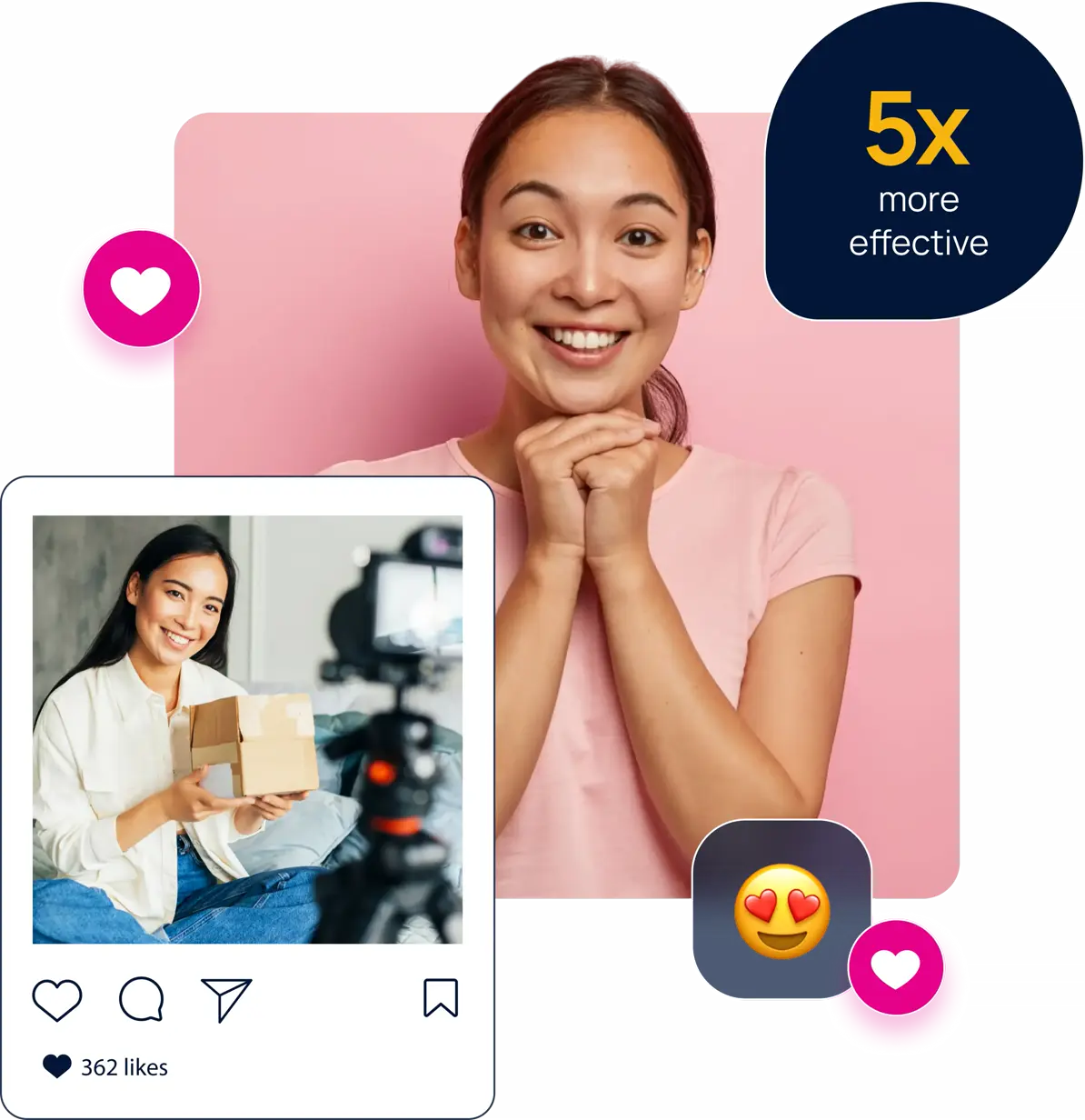 a woman holding a box and smiling with a camera next to her, and a woman smiling to the camera
