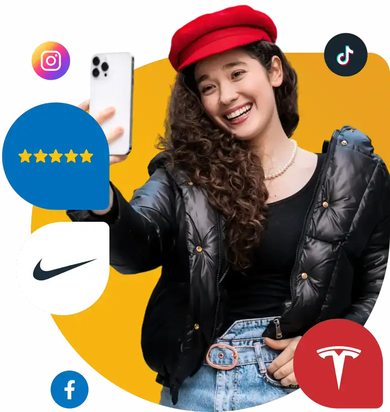 Graphics of woman holding phone with socialmedia icons floating around