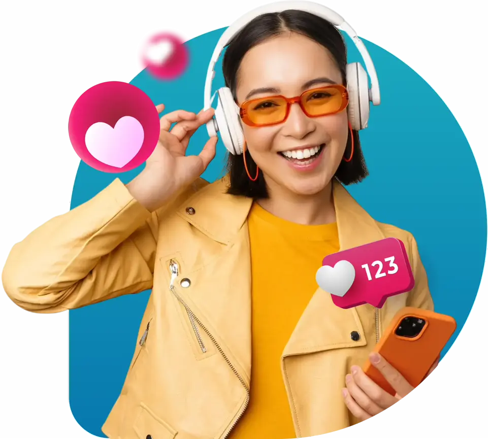 Girl with headphones listening to music with illustrations of a likes pops up around her