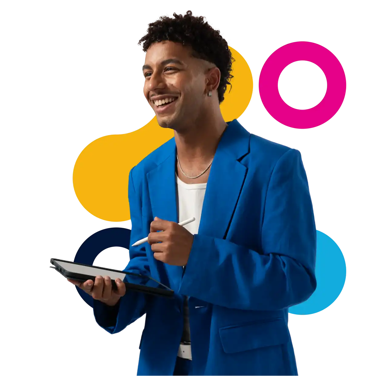 Man in blue suit standing with a tablet